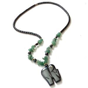 Elephant Necklace with Hematite and Aventurine Stone, Vintage Asian Jewelry